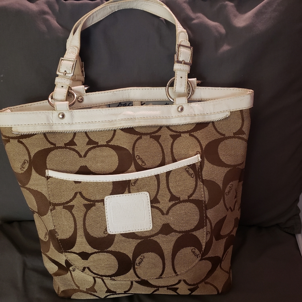 Vintage Kaki & Brown with White trim Coach shoulder bag